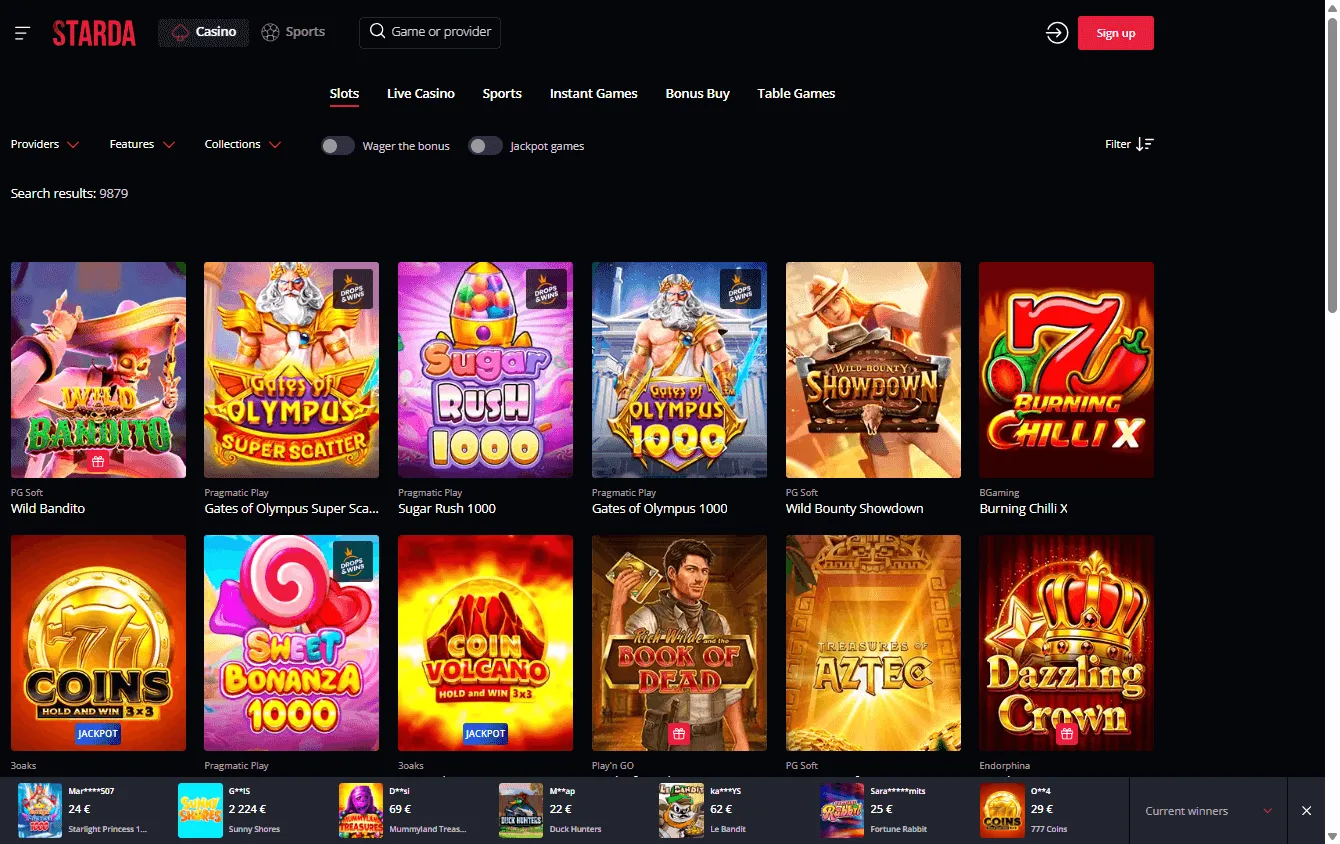 Starda Casino desktop games catalogue with pokies and casino categories