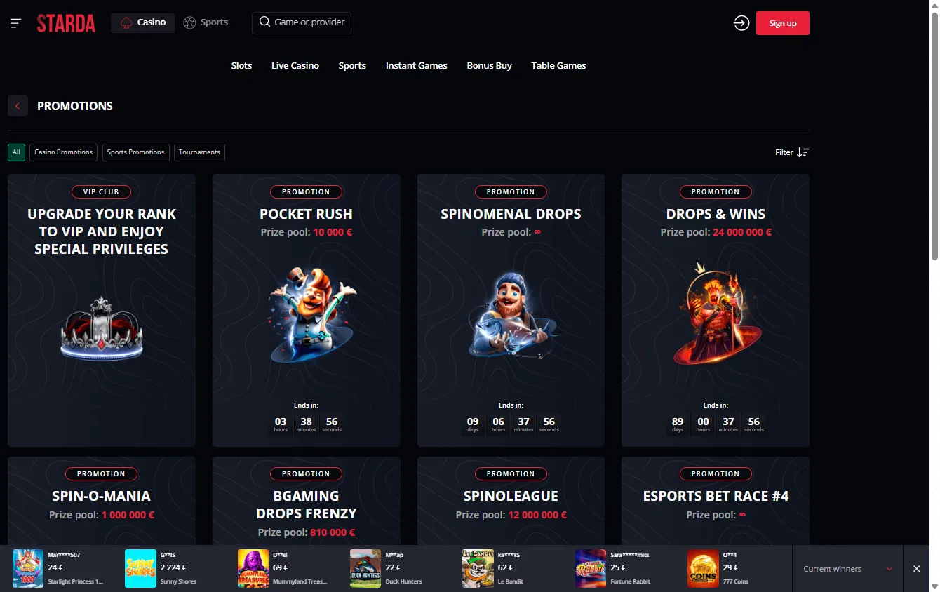 Starda Casino desktop promotions with bonuses, tournaments and VIP rewards