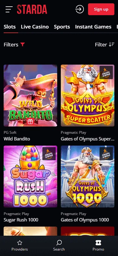 Starda Casino mobile games catalogue with casino titles and categories