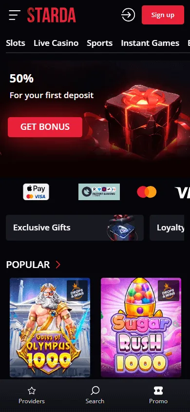 Starda Casino mobile home interface on a smartphone